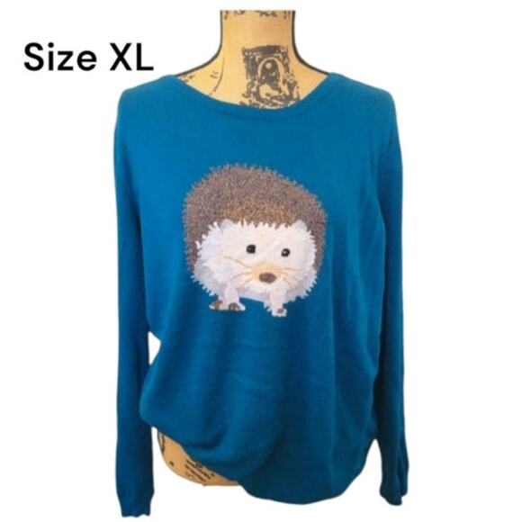 XL Talbots Adorable Hedgehog Teal Blue Pullover Sweater - Picture 1 of 7